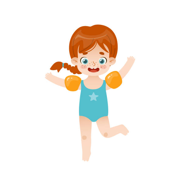 膨脹可能な腕章でジャンプする愛らしい赤ちゃんの女の子。夏休みに面白い赤い髪の女の子。 - water wings点のイラスト素材／クリップアート素材／マンガ素材／アイコン素材