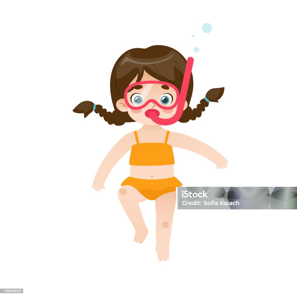 Cartoon girl dives underwater with a snorkeling mask. Adorable baby girl are snorkeling. - Royaltyfri Simma vektorgrafik