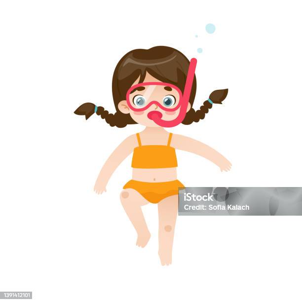 Cartoon Girl Dives Underwater With A Snorkeling Mask Adorable Baby Girl Are Snorkeling-vektorgrafik och fler bilder på Simma