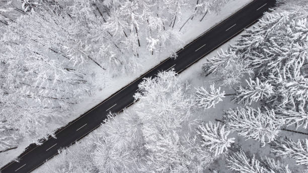istock Road through wintery landscape - aerial view 1391413364