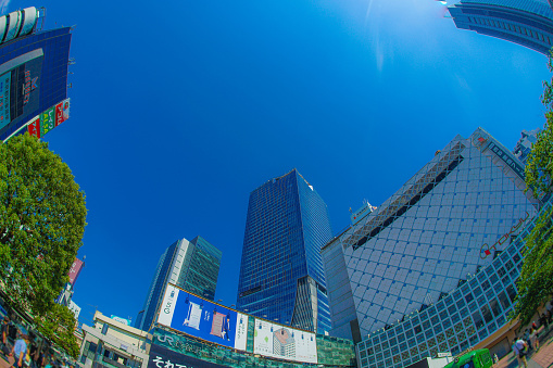Shibuya townscape and blue sky. Shooting Location: Tokyo metropolitan area