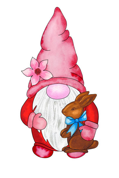 Cute Easter gnome with chocolate bunny vector art illustration