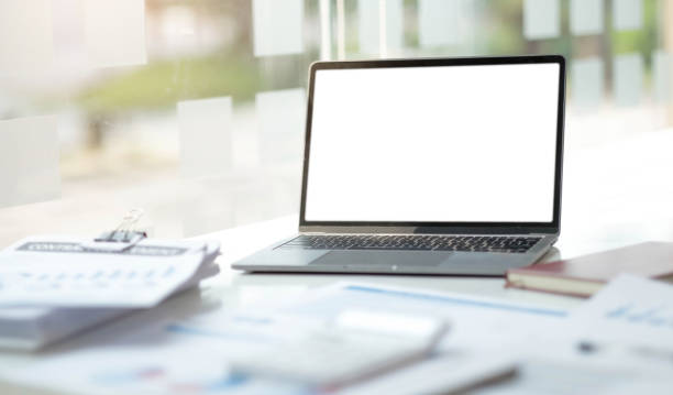 istock Laptop or notebook with blank screen on the floor service counter in the office. 1391420152