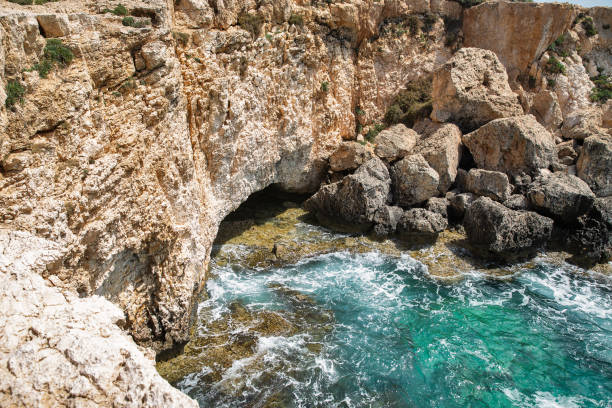 Ayia Napa summer resort rocky coastline seafront view with famous caves, Cyprus.