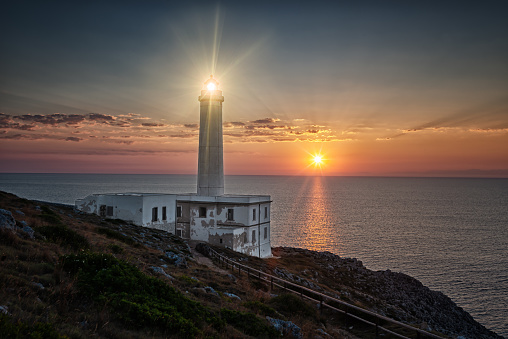 Waiting for the sun at lighthouse at Cape Palascìa, commonly known as Capo d'Otranto, is Italy's most easterly point. It is situated in the territory of the Apulian city of Otranto, in the Province of Lecce, Italy.