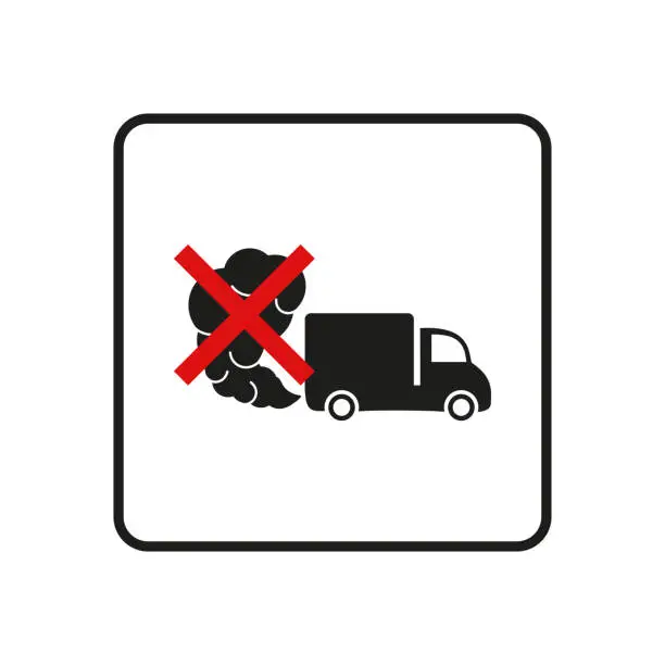 Vector illustration of Prohibition sign of dangerous exhaust gases. Exhaust van or truck icon. Traffic fumes. Environmental pollution. Smog