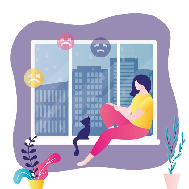 ilustraciones, imágenes clip art, dibujos animados e iconos de stock de chica solitaria se sienta junto a la ventana y mira el aguacero. mujer deprimida sentada en el alféizar de la ventana mira bajo la lluvia afuera - weather cloud window rain