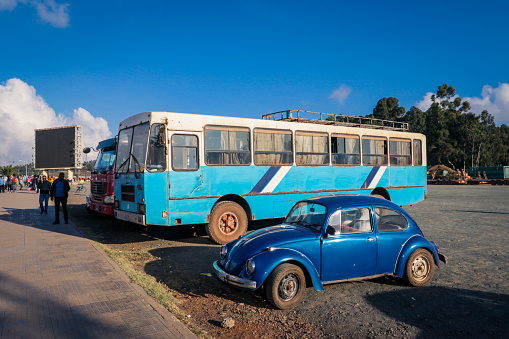 Asmara, Eritrea - November 02, 2019:  Retro Blue Car on the Central street of Asmara