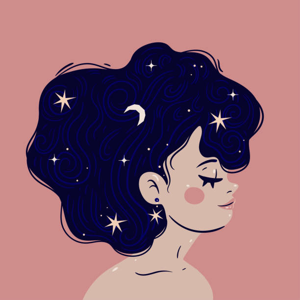 illustrations, cliparts, dessins animés et icônes de carte postale avec une jolie fille avec la lune et des étoiles dans les cheveux. graphiques vectoriels. - girl5