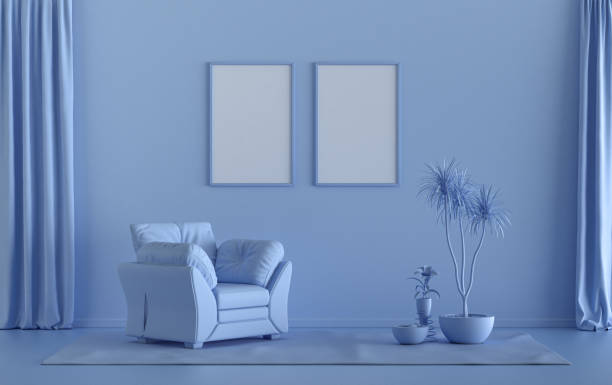 double frames galerie mur dans la chambre plate monochrome bleu clair et plantes - image monochrome photos et images de collection