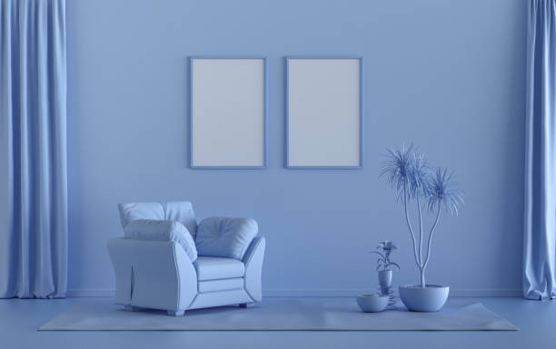 Double Frames Gallery Wall in light blue monochrome flat room and plants
