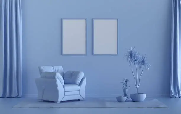 Double Frames Gallery Wall in light blue monochrome flat room and plants