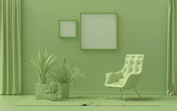 istock Double Frames Gallery Wall in light green color monochrome flat room and plants 1391429538