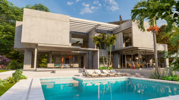 istock Luxurious brutalist home with pool and tropical garden 1391433218