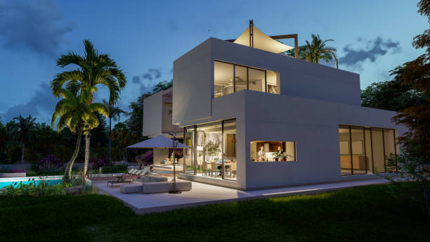 istock Luxury modern  villa with pool at dusk 1391433248