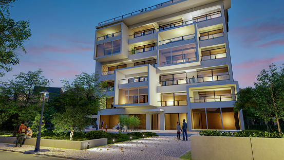 3D rendering of a modern upscale residential building at dusk