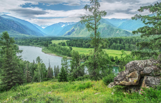 Picturesque mountain valley on a sunny summer day, river Picturesque mountain valley on a sunny summer day, wild river western siberia stock pictures, royalty-free photos & images