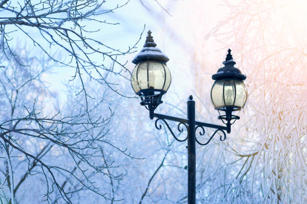 istock Winter landscape with lanterns. Winter lantern and snow covered trees in park in the rays of the rising sun. 1391434607