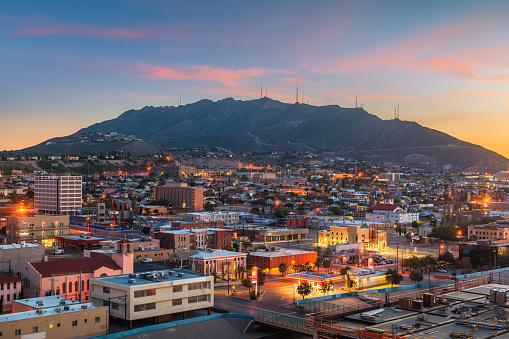 El Paso, Texas, USA  downtown city skyline in the morning with mountains.
