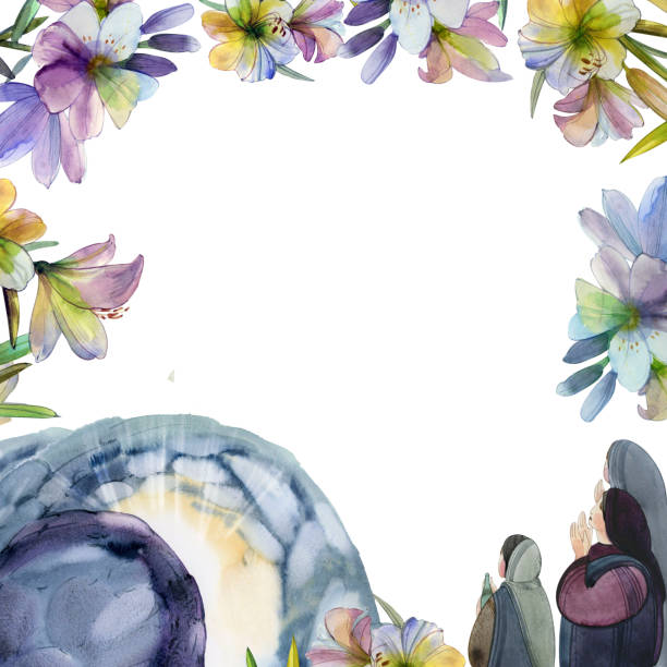 watercolor Easter frame, Christian illustration of the cave of the resurrection of Jesus Christ, flowers, myrrh-bearing wives. For Easter church publications, prints.Religious Easter Card watercolor Easter frame, Christian illustration of the cave of the resurrection of Jesus Christ, flowers, myrrh-bearing wives. For Easter church publications, prints.Religious Easter Card he is risen saying stock illustrations