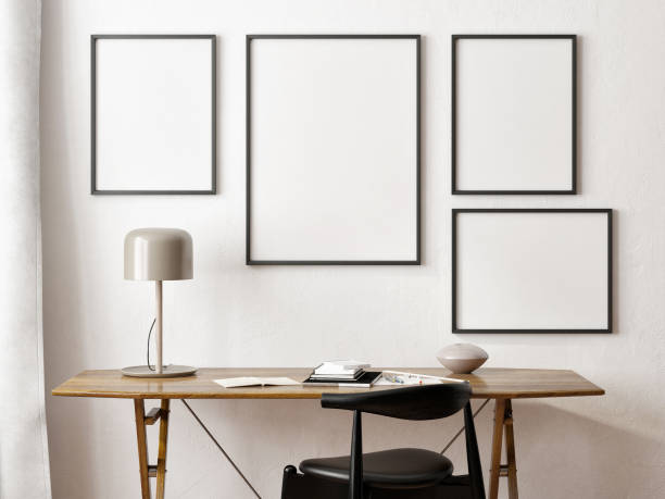 Posters mock up in home office interior background, Coastal style.