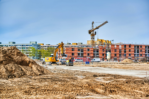 Berlin, Germany - April 13, 2022: View to a construction site where new residential buildings are being built.