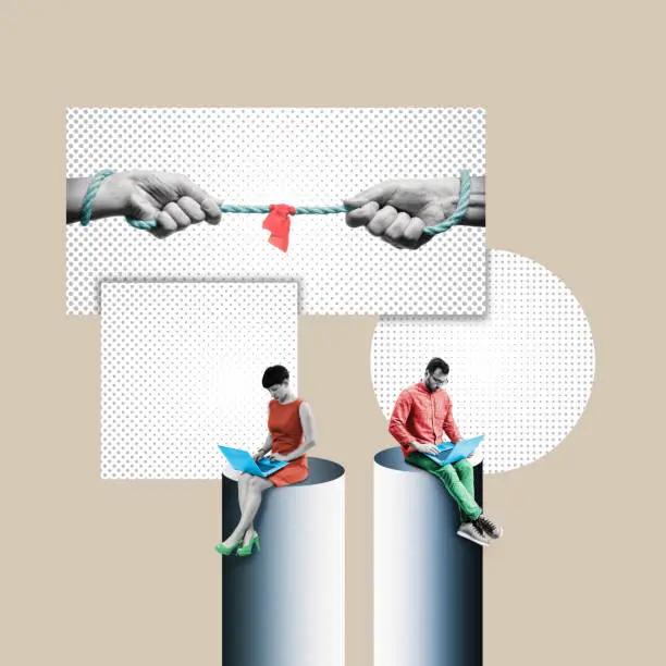 Competition between a man and a woman, gender equality. Art collage.