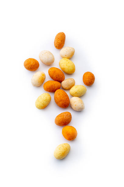 Crunchy peanuts hot asian style , isolated on a white background. High angle view. Studio shot.