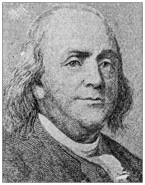 유명한 사람들의 골동품 초상화 : 벤자민 프랭클린 - benjamin franklin history american culture portrait stock illustrations