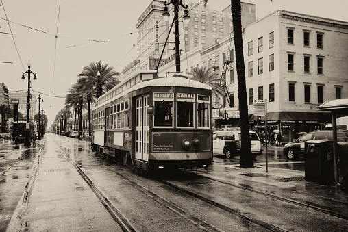 Street Car, Canal street, New Orleans, Louisiana, USA. Sepia toned.