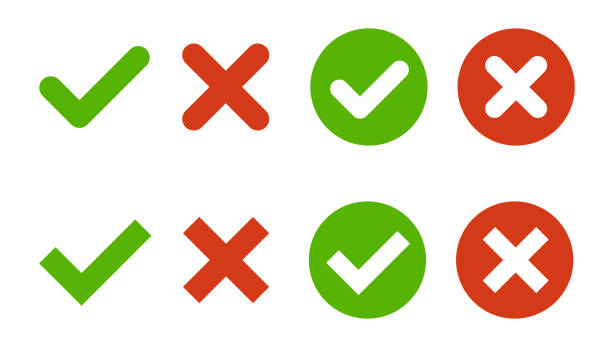 緑色のチェックマーク、赤色の十字マークアイコンをセット。白い背景に分離されています。編集可能なストローク。ベクターイラストレーション - green点のイラスト素材／クリップアート素材／マンガ素材／アイコン素材