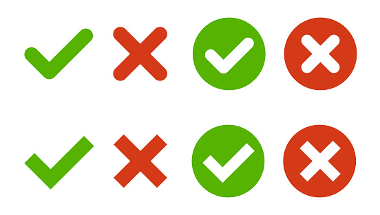 Check mark and cross icons in circle. Green check mark, red cross mark icon set. Check mark and cross icons in circle. Isolated on white background. Editable Stroke. Vector illustration