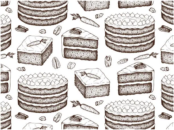 Vector illustration of Sketch drawing pattern of Carrot cake isolated on white background.