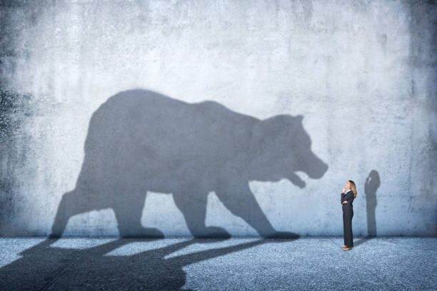 Woman Casually Looking Up At Shadow Of A Bear On A Wall stock photo