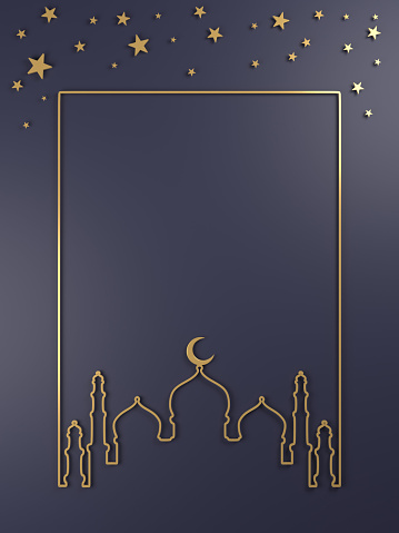Estrella geométrica árabe y media luna Crreate Un marco dorado sobre gris photo