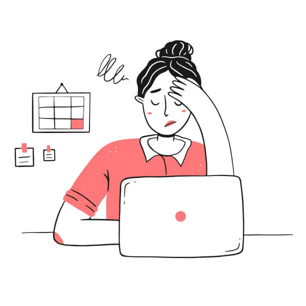 Vector illustration of Frustration at work. Professional burnout syndrome. The tired, exhausted girl holds her head in line style. The woman does not have time for the deadline. Vector concept illustration.