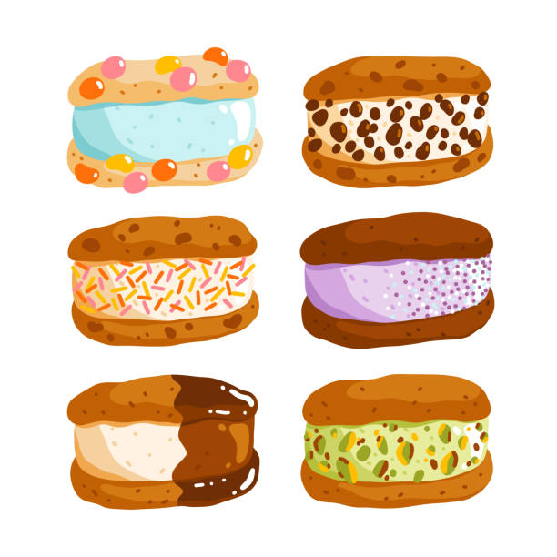 Cookie ice cream sandwiches vector illustrations collection - ilustração de arte vetorial