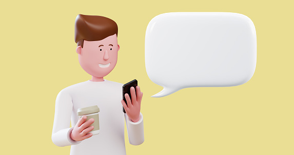 3d Cartoon character Bussiness man freelancer text messaging on mobile phone during coffee break at casual office isolated with yellow background. 3d render.