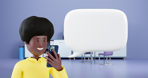 3d Cartoon character Bussiness black man using smart phone. 3d Rendering.