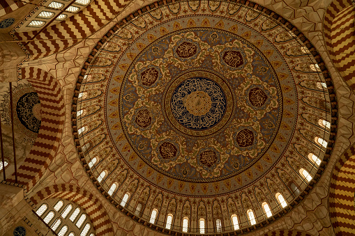 Edirne ,Turkey - August 27, 2021: Selimiye Mosque dome ceiling interior view