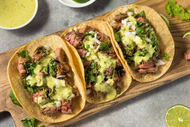 Homemade Mexican Steak Steet Tacos Homemade Mexican Steak Steet Tacos with Cilantro and Onion fresh cilantro stock pictures, royalty-free photos & images