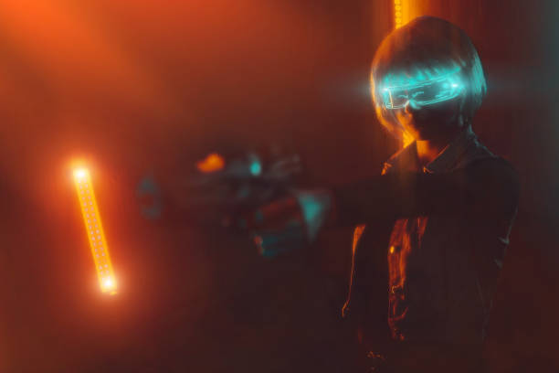 istock Futuristic woman with smart glasses and a gun 1391453255