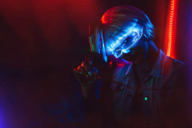 istock Futuristic woman with smart glasses and a gun 1391453304