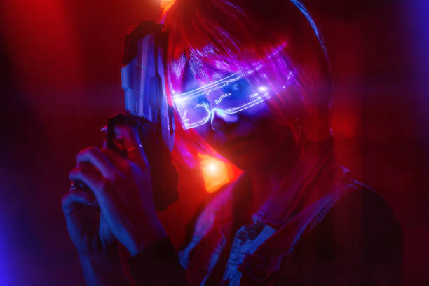 istock Futuristic woman with smart glasses and a gun 1391453437