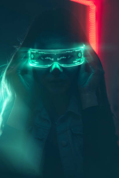 istock Futuristic woman with smart glasses and a gun 1391453484