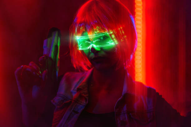 istock Futuristic woman with smart glasses and a gun 1391453493