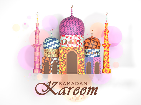 Three Dimensional Ramadan Kareem greeting card design with a palace against white background. Ramadan concept. High quality 3D render easy to crop and cut out for social media, print and all other design needs.