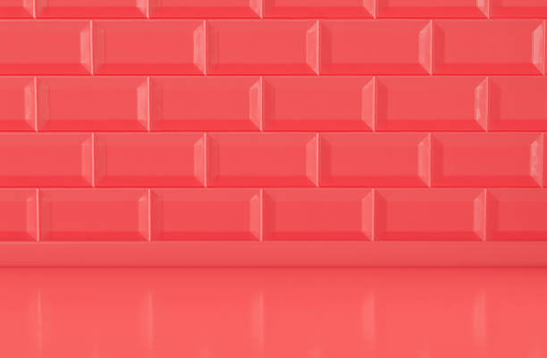 Monochrome flat red empty close up kitchen counter with mosaic wall