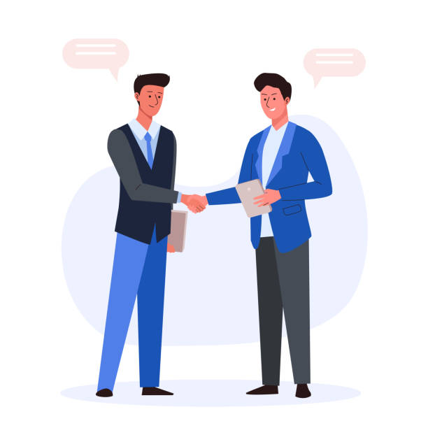 ilustraciones, imágenes clip art, dibujos animados e iconos de stock de apretón de manos de dos empresarios con trajes. concepto de asociación - businessman two people business person handshake