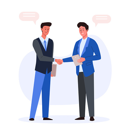 Handshake of two Businessmen in suits. Partnership Concept. Vector illustration characters in flat style